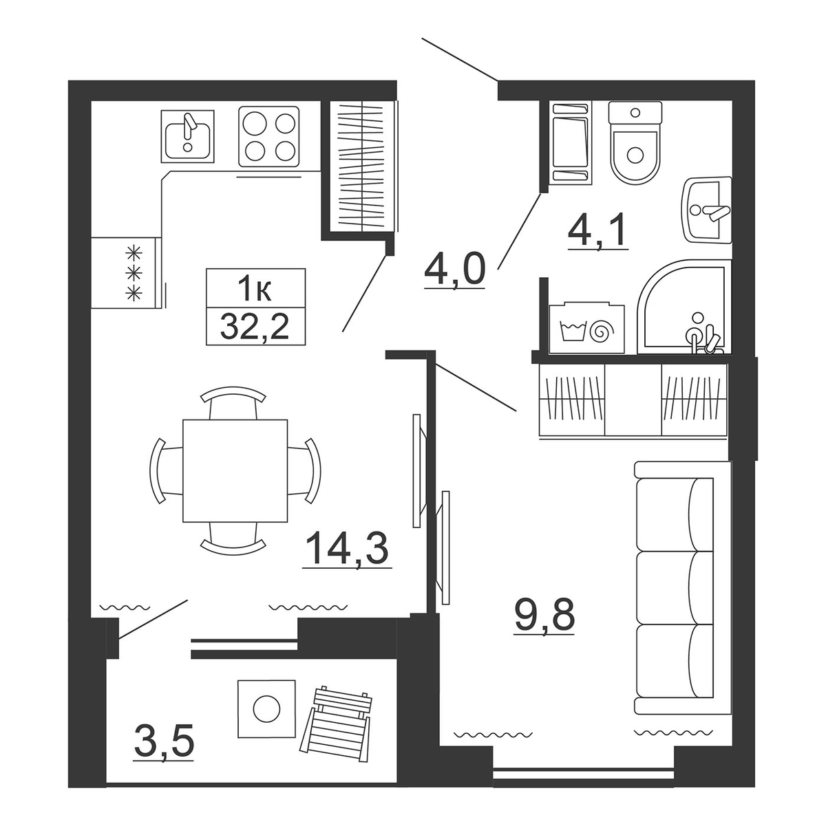 Планировка однокомнатная 33.95 м² в ЖК «Рубеж», корпус 1
