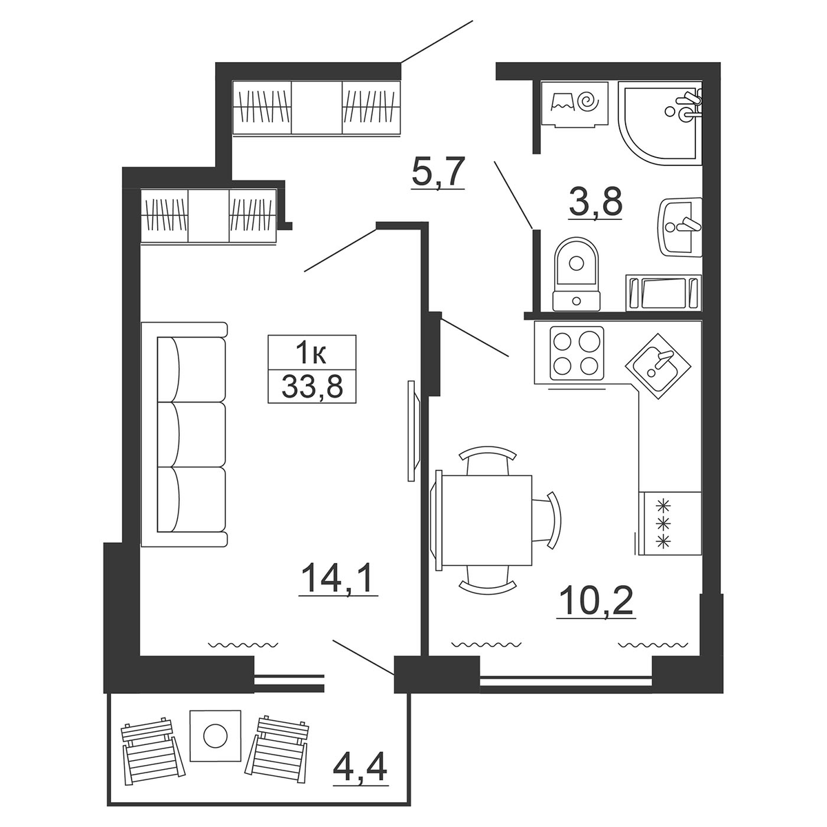 Планировка однокомнатная 35.12 м² в ЖК «Рубеж», корпус 1