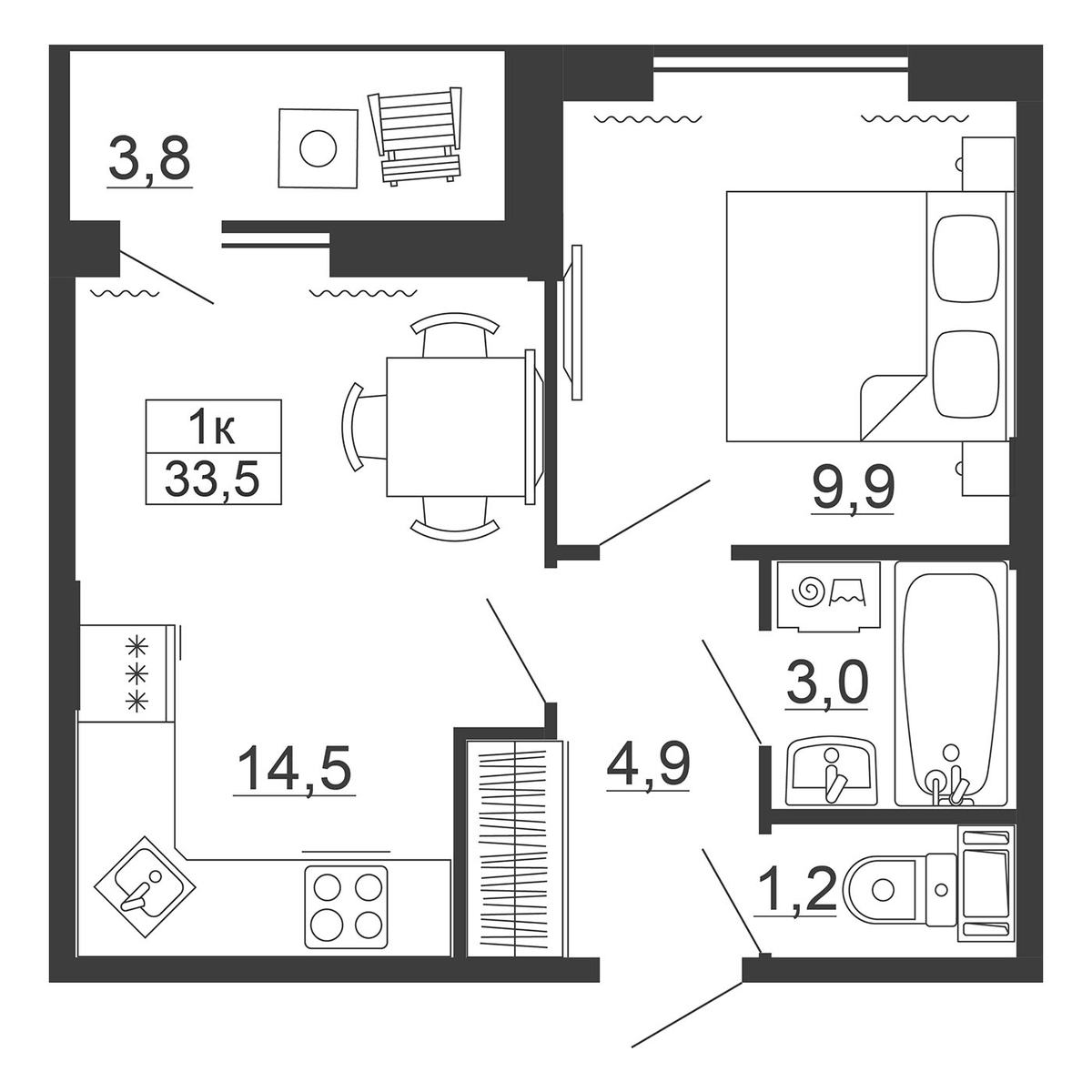 Планировка однокомнатная 35.4 м² в ЖК «Рубеж», корпус 1