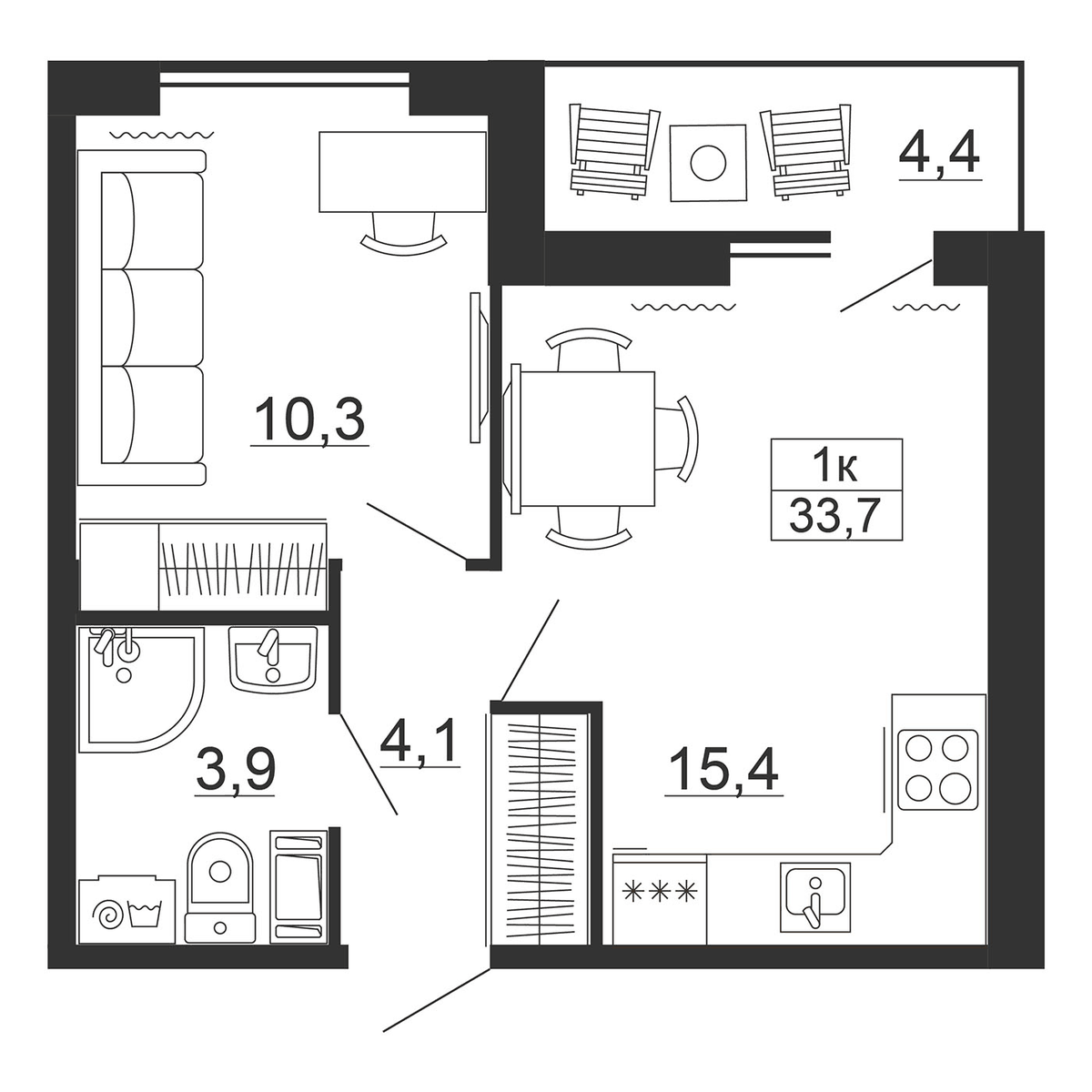 Планировка евродвушка (2Е) 35.9 м² в ЖК «Рубеж», корпус 1