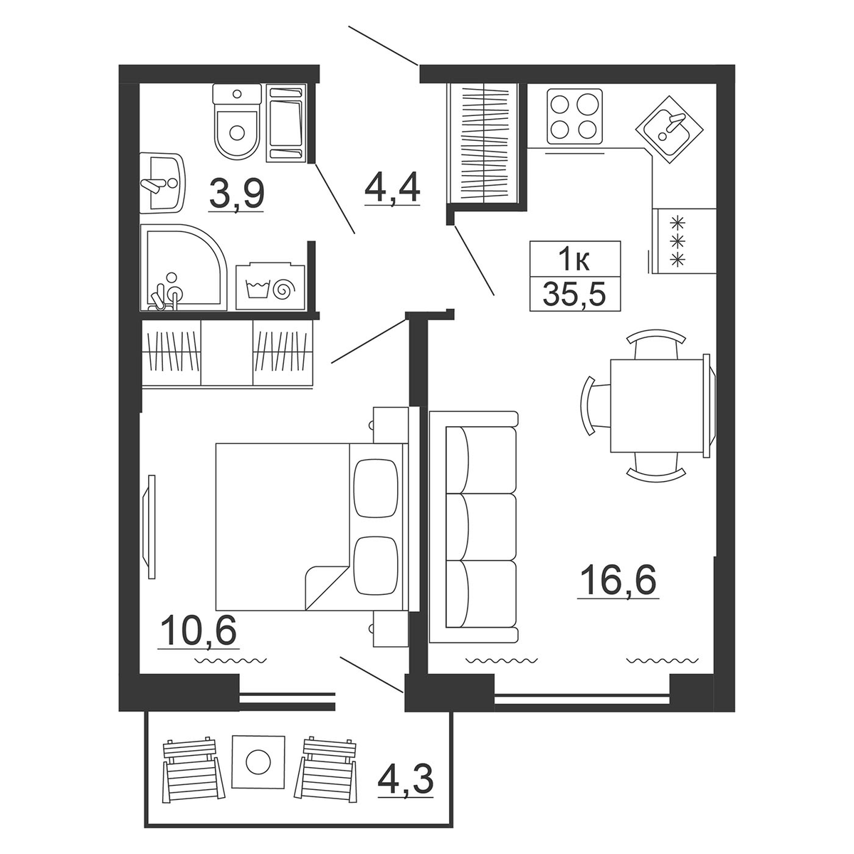 Планировка евродвушка (2Е) 36.79 м² в ЖК «Рубеж», корпус 1