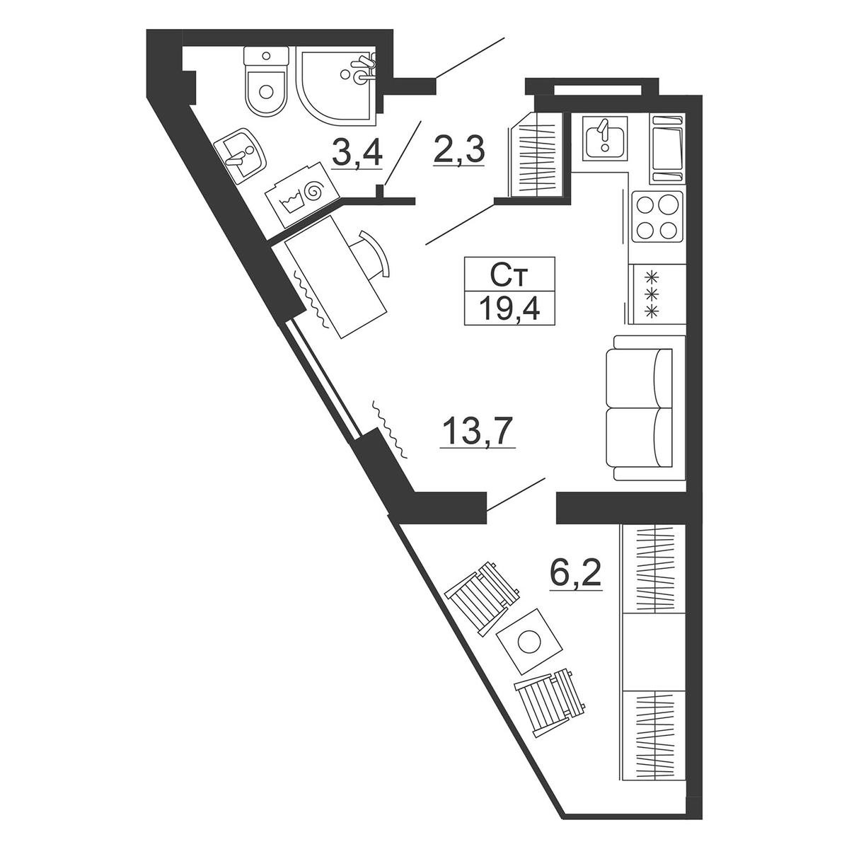 Планировка Студии 21.26 м² в ЖК «Рубеж», корпус 1