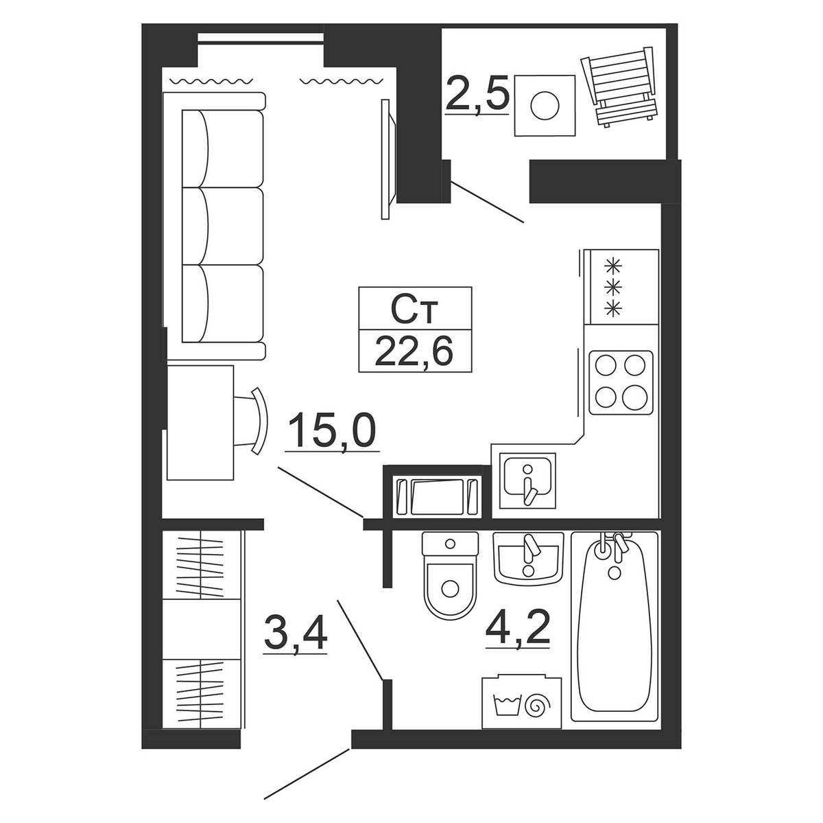 Планировка Студии 23.85 м² в ЖК «Рубеж», корпус 1