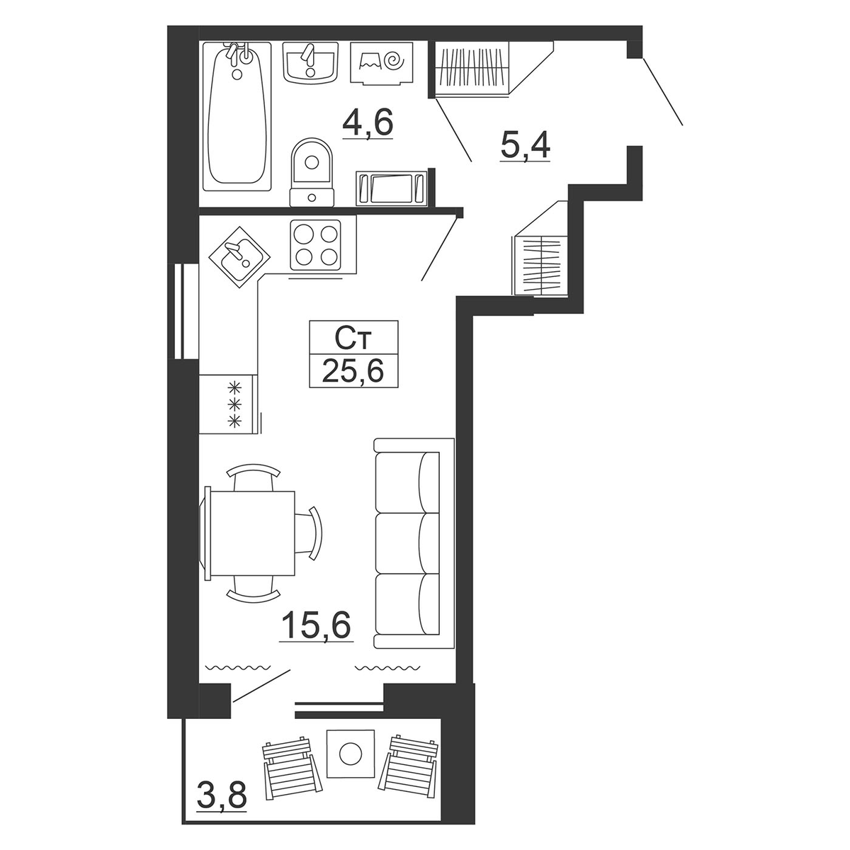 Планировка Студии 26.74 м² в ЖК «Рубеж», корпус 1
