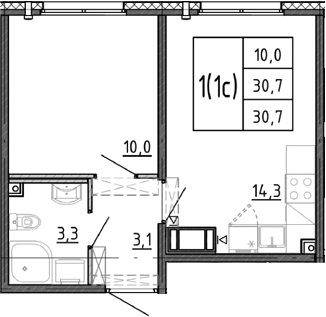 Планировка однокомнатная 30.7 м² в ЖК «Ручьи 2», корпус 14