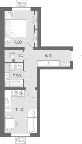 Планировка однокомнатная 35.9 м² в ЖК «Ручьи 2», корпус 20