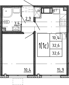 Планировка евродвушка (2Е) 32.6 м² в ЖК «Ручьи 2», корпус 23