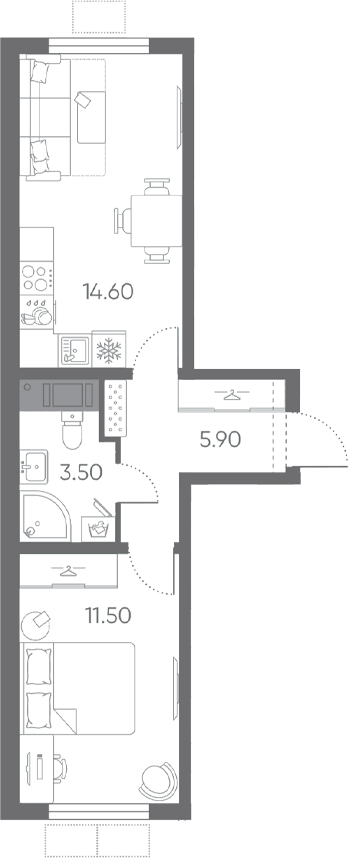 Планировка евродвушка (2Е) 35.5 м² в ЖК «Ручьи 2», корпус 11
