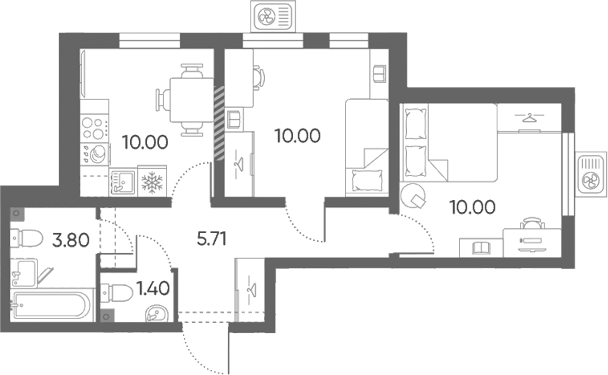 Планировка двухкомнатная 40.91 м² в ЖК «Ручьи 2», корпус 22