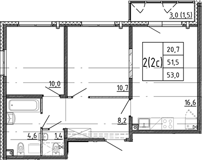 Планировка евротрёшка (3Е) 53 м² в ЖК «Ручьи 2», корпус 25