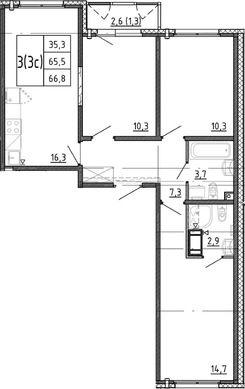 Планировка евро-4 (4Е) 66.8 м² в ЖК «Ручьи 2», корпус 14