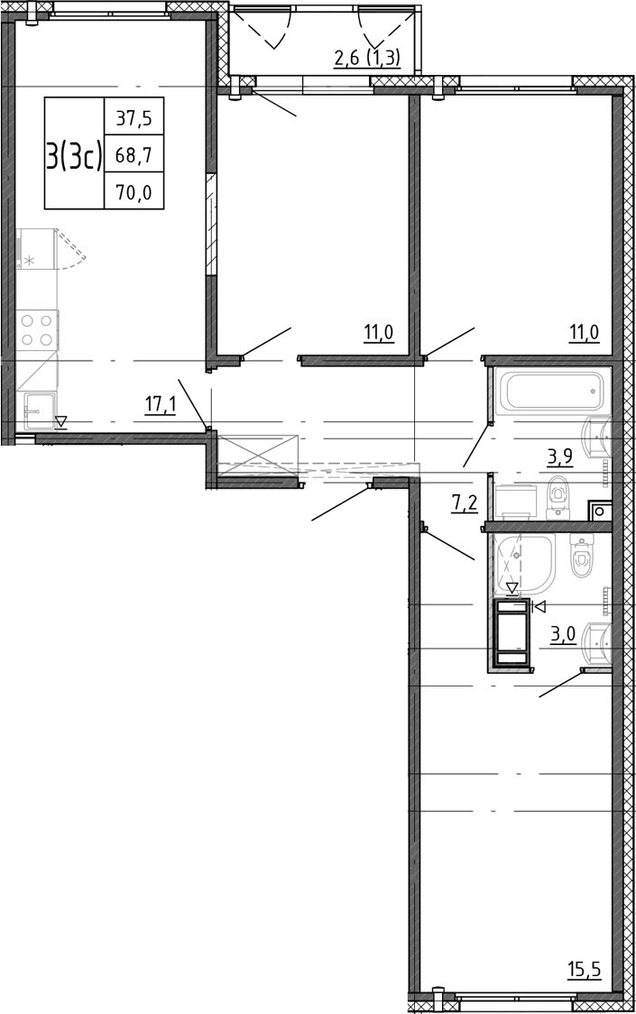 Планировка евро-4 (4Е) 70 м² в ЖК «Ручьи 2», корпус 15