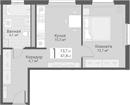 Планировка однокомнатная 41.8 м² в ЖК «Руднева, 15», корпус 1
