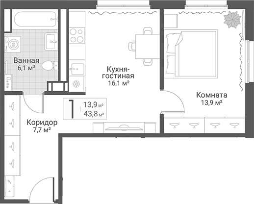 Планировка евродвушка (2Е) 43.8 м² в ЖК «Руднева, 15», корпус 3