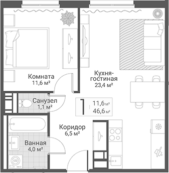 Планировка евродвушка (2Е) 46.6 м² в ЖК «Руднева, 15», корпус 3