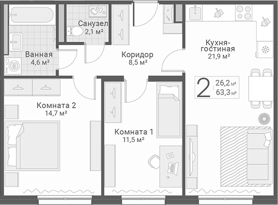 Планировка двухкомнатная 63.3 м² в ЖК «Руднева, 15», корпус 1