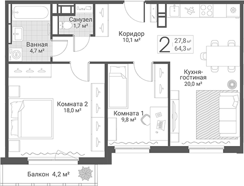 Планировка евротрёшка (3Е) 68.5 м² в ЖК «Руднева, 15», корпус 3
