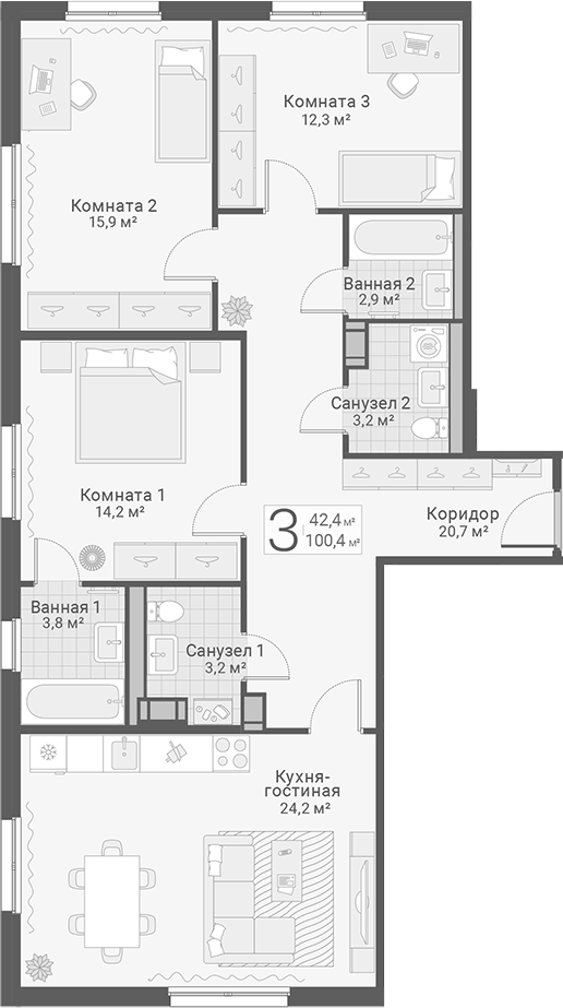 Планировка трёхкомнатная 100.4 м² в ЖК «Руднева, 15», корпус 1