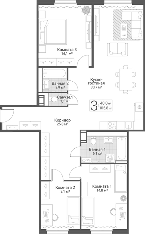 Планировка евро-4 (4Е) 105.8 м² в ЖК «Руднева, 15», корпус 3