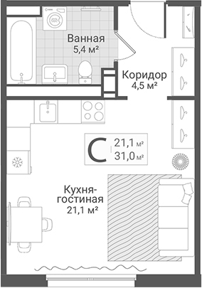 Планировка Студии 31 м² в ЖК «Руднева, 15», корпус 3