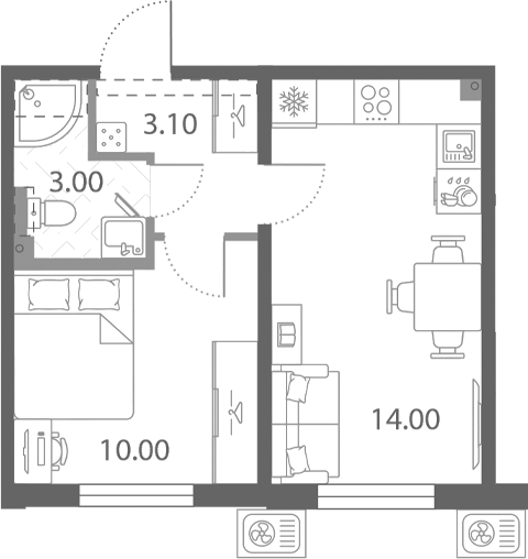 Планировка однокомнатная 30.1 м² в ЖК «Ржевский парк», корпус 12