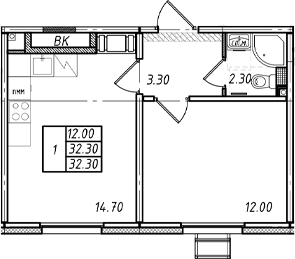 Планировка однокомнатная 32.3 м² в ЖК «Ржевский парк», корпус 15