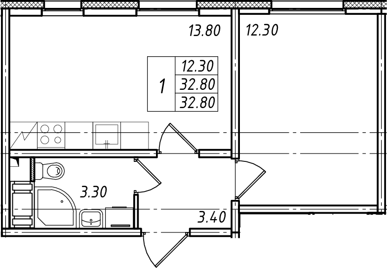 Планировка евродвушка (2Е) 32.4 м² в ЖК «Ржевский парк», корпус 1