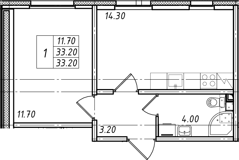 Планировка евродвушка (2Е) 33.2 м² в ЖК «Ржевский парк», корпус 1