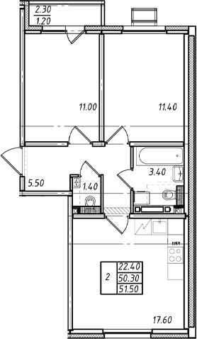 Планировка двухкомнатная 51.5 м² в ЖК «Ржевский парк», корпус 15