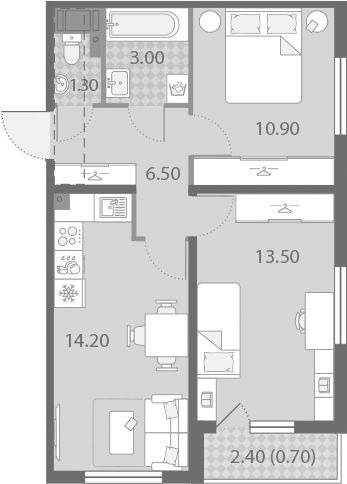 Планировка евротрёшка (3Е) 50.8 м² в ЖК «Ржевский парк», корпус 2
