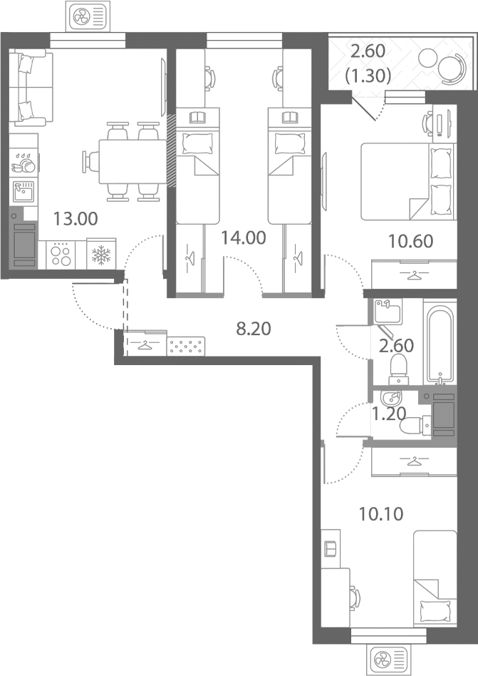 Планировка трёхкомнатная 61 м² в ЖК «Ржевский парк», корпус 12