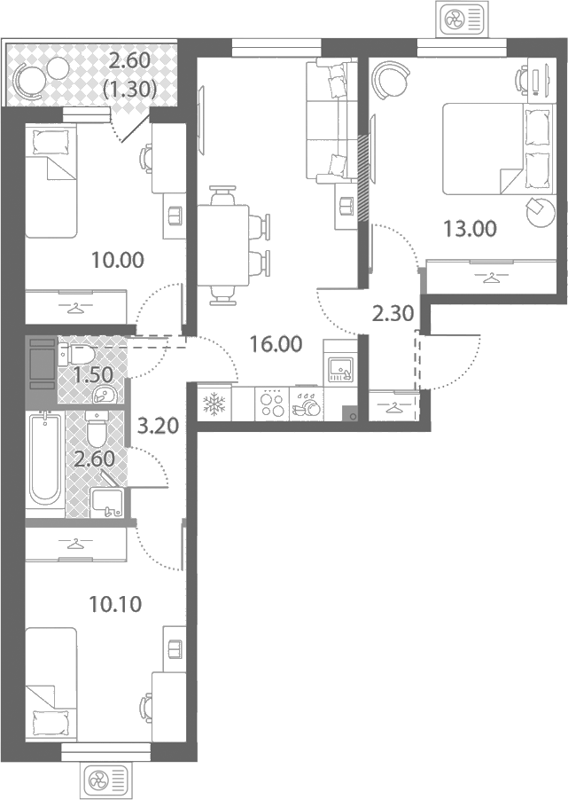 Планировка евро-4 (4Е) 60 м² в ЖК «Ржевский парк», корпус 12