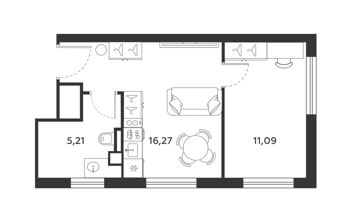 Планировка однокомнатная 32.55 м² в ЖК «МФК SAAN», корпус 1