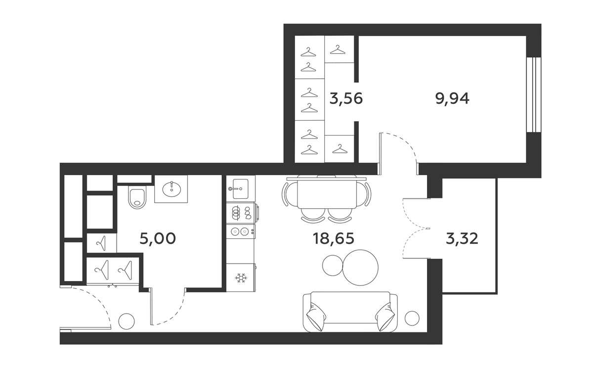 Планировка однокомнатная 40.28 м² в ЖК «МФК SAAN», корпус 1