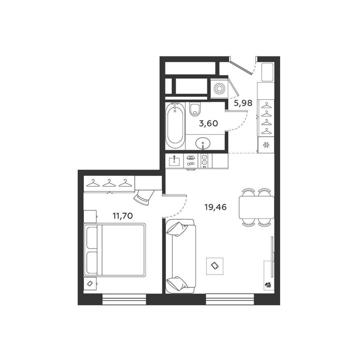 Планировка евродвушка (2Е) 40.81 м² в ЖК «МФК SAAN», корпус 1