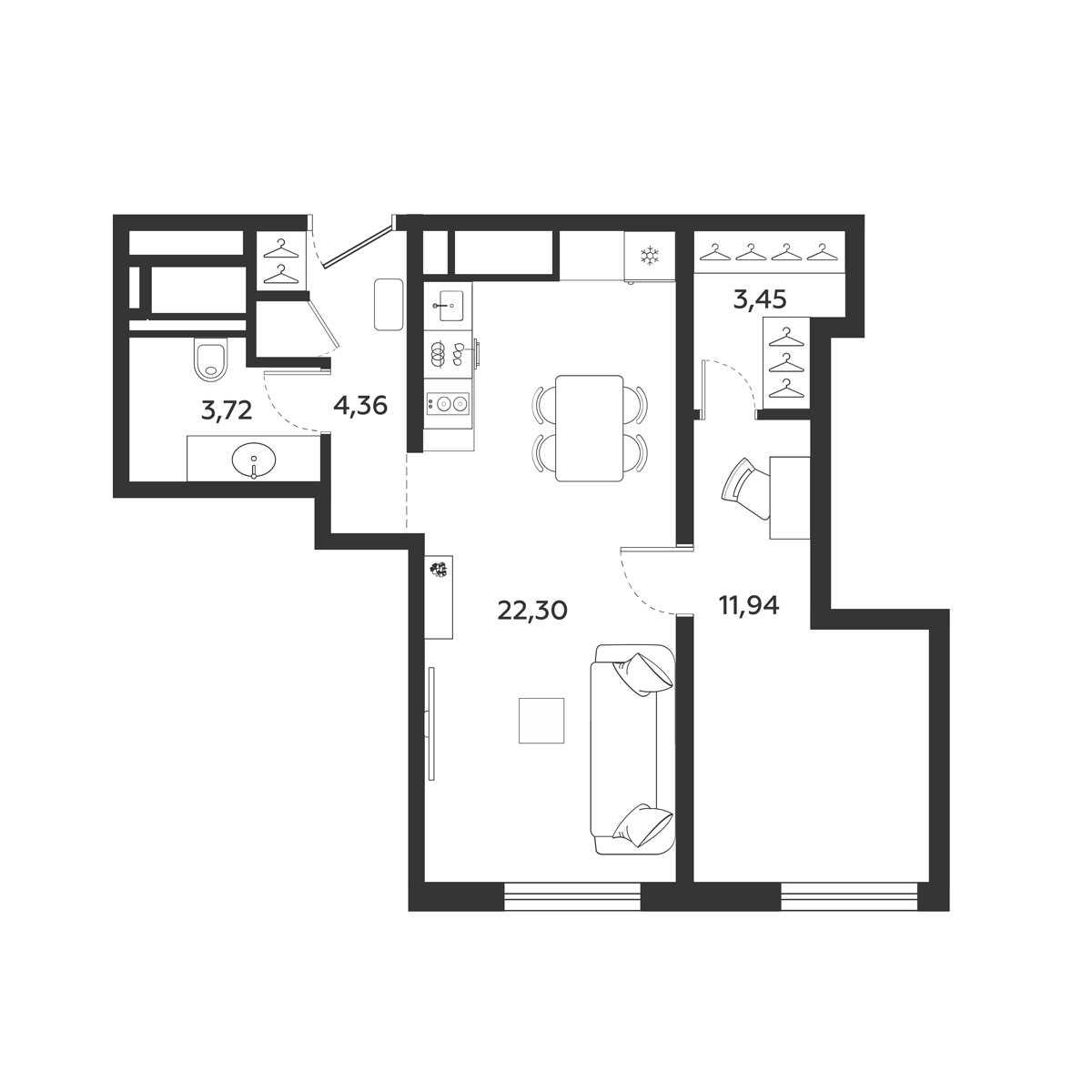 Планировка евродвушка (2Е) 46.15 м² в ЖК «МФК SAAN», корпус 1
