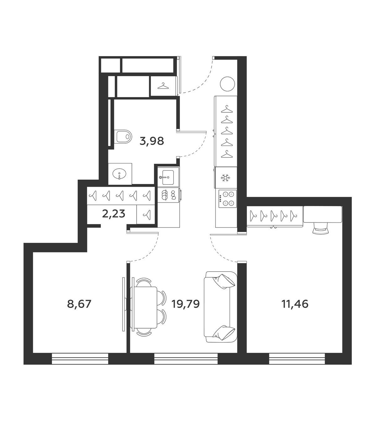 Планировка двухкомнатная 46.17 м² в ЖК «МФК SAAN», корпус 1