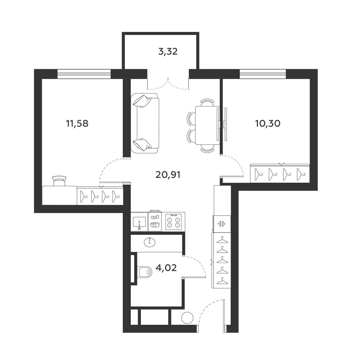Планировка двухкомнатная 50.15 м² в ЖК «МФК SAAN», корпус 1
