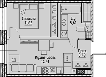 Планировка евродвушка (2Е) 35.63 м² в ЖК «Сампсониевский, 32», корпус А