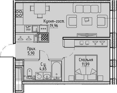 Планировка евродвушка (2Е) 42.5 м² в ЖК «Сампсониевский, 32», корпус А