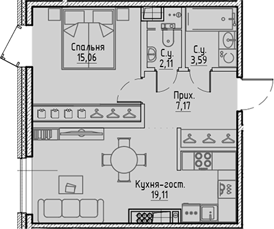 Планировка евродвушка (2Е) 47.04 м² в ЖК «Сампсониевский, 32», корпус А