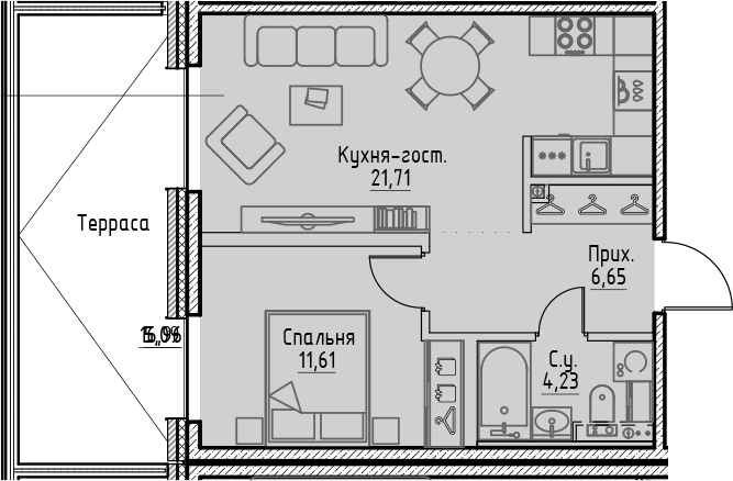 Планировка евродвушка (2Е) 49.26 м² в ЖК «Сампсониевский, 32», корпус А