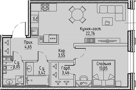 Планировка евродвушка (2Е) 53.94 м² в ЖК «Сампсониевский, 32», корпус А
