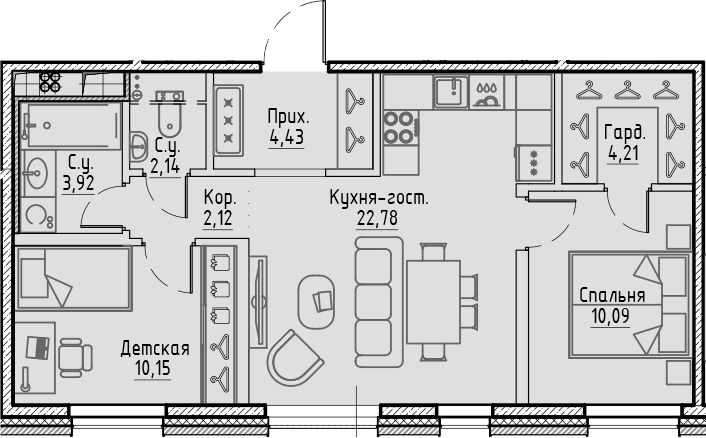 Планировка евротрёшка (3Е) 59.84 м² в ЖК «Сампсониевский, 32», корпус А