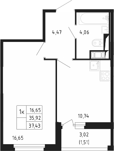 Планировка однокомнатная 37.43 м² в ЖК «Сандэй», корпус 7.3