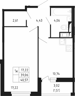Планировка однокомнатная 40.57 м² в ЖК «Сандэй», корпус 7.3