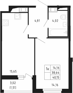 Планировка евродвушка (2Е) 40.15 м² в ЖК «Сандэй», корпус 7.3