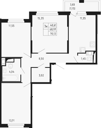 Планировка трёхкомнатная 68.3 м² в ЖК «Сандэй», корпус 7.3