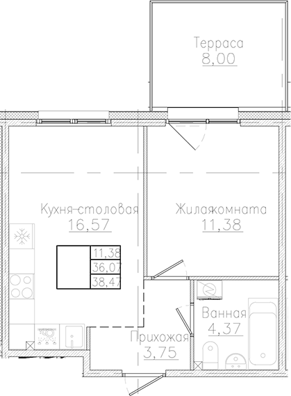 Планировка однокомнатная 38.47 м² в ЖК «Счастье 2.0», корпус 2