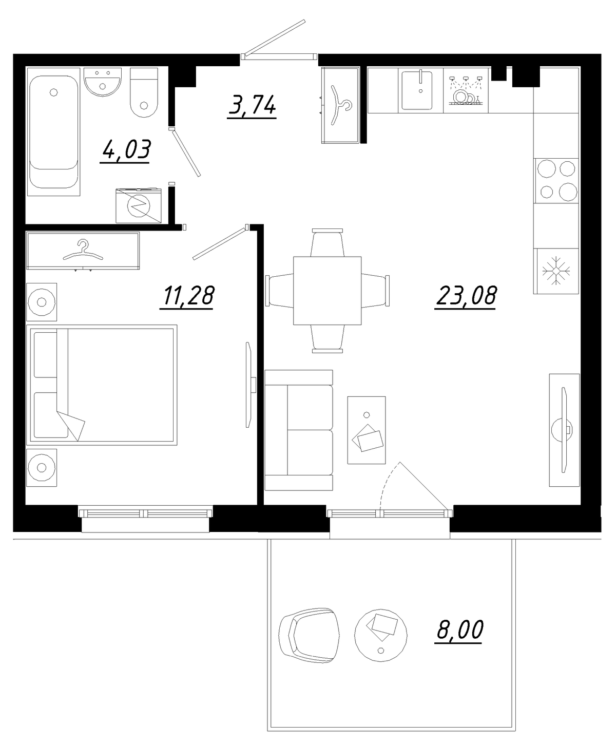 Планировка евродвушка (2Е) 44.53 м² в ЖК «Счастье 2.0», корпус 1